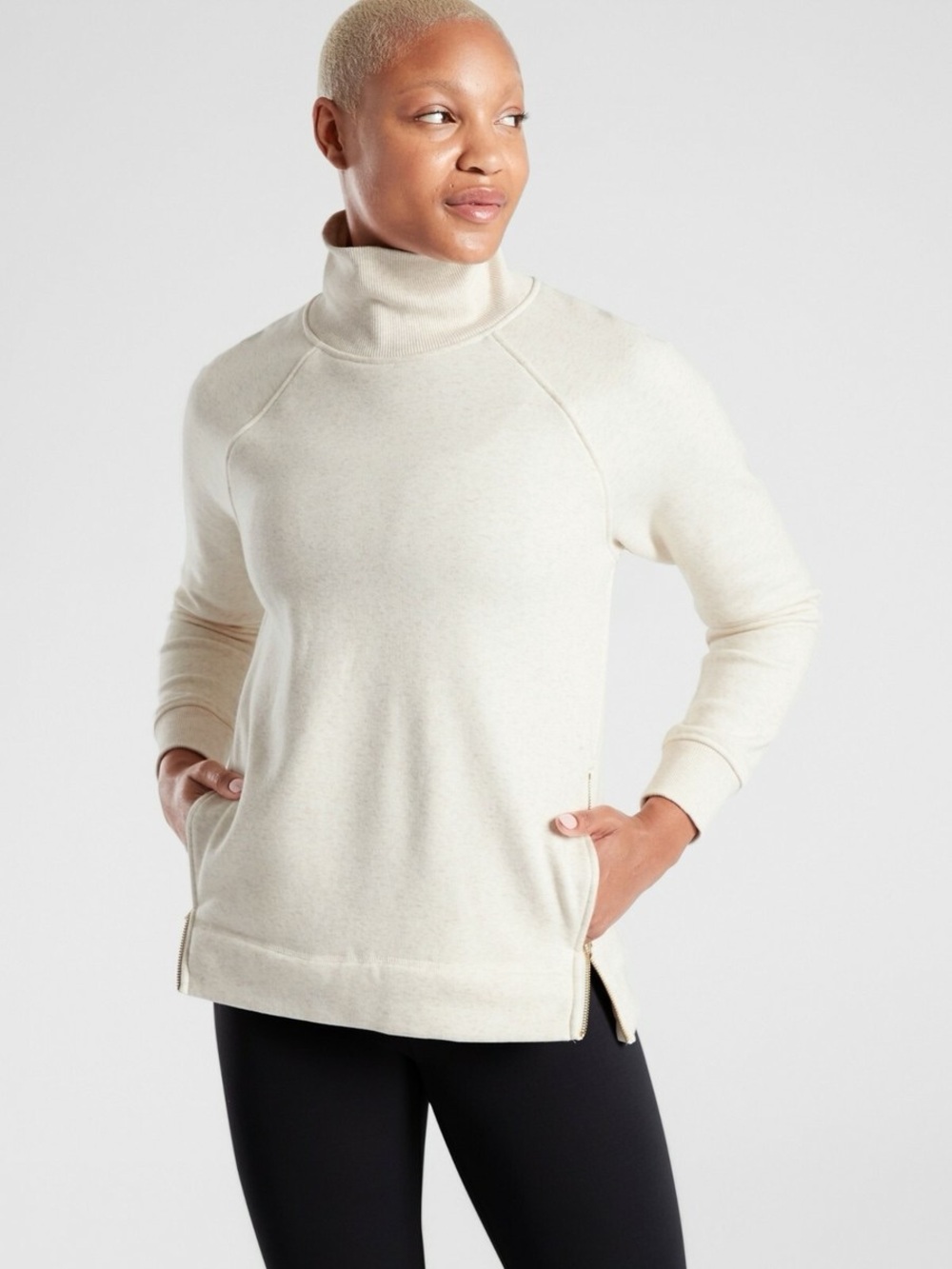 Athleta Women’s Cozy Karma Funnel Neck Sweatshirt Gold Side Zippers Fleece Lined